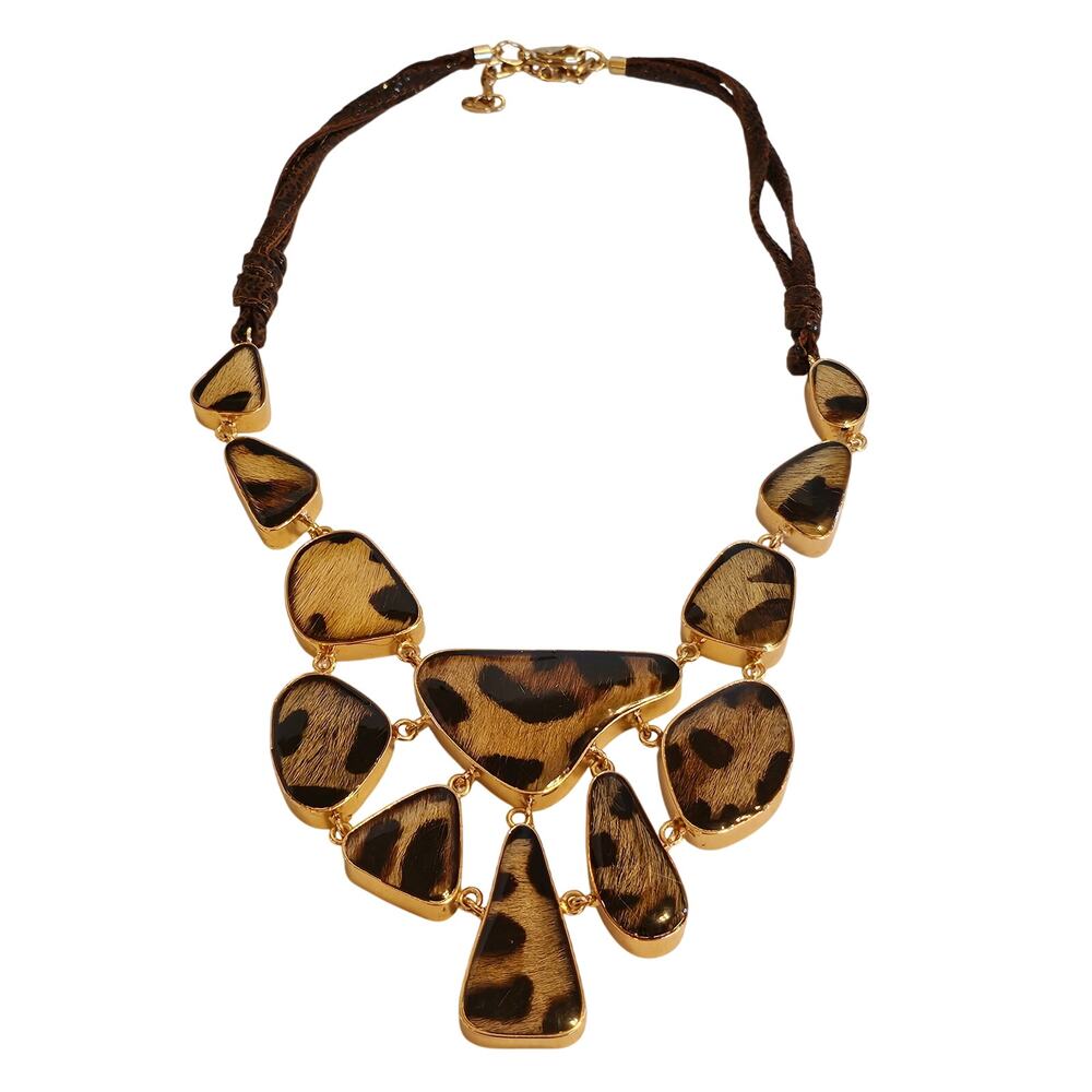 Leopard Print Statement Necklace Faux Fur Gold Tone Chunky Fashion Jewelry Bib